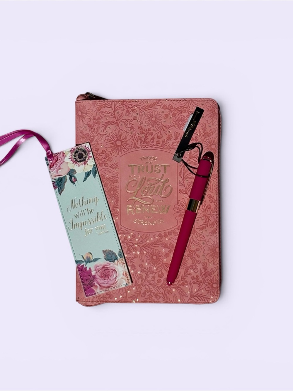 3 Item Bundle Trust In The Lord Pink Floral Faux Leather W/ Pen & Bookmark